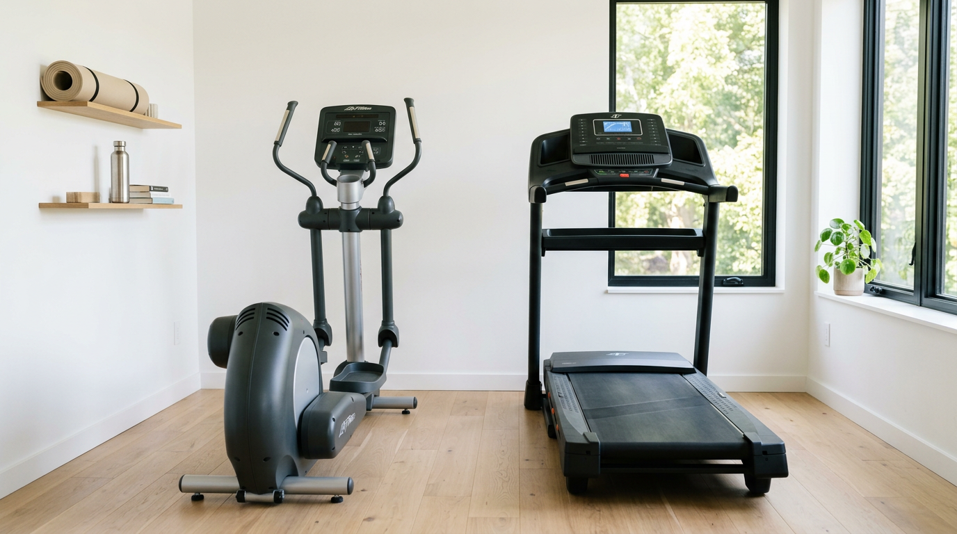 Elíptico e esteira ergométrica lado a lado em ambiente de treino em casa