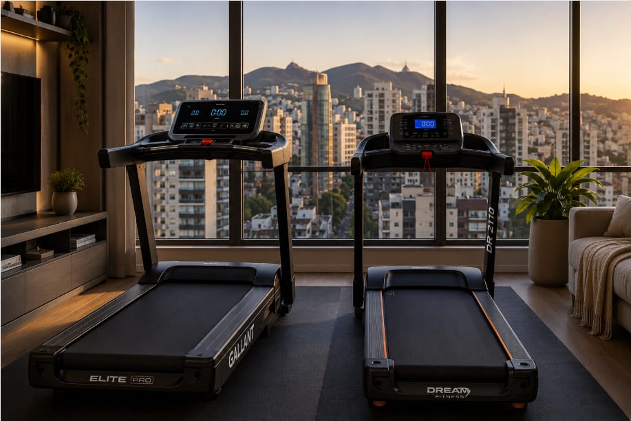 Esteira Gallant Elite Pro e Dream Fitness DR 2110 lado a lado em apartamento, no comparativo das marcas em 2026